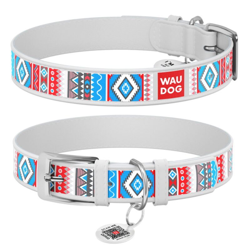Нашийник для собак WAUDOG Design шкіряний, малюнок "Етно", білий, 12 мм, 18-24 см