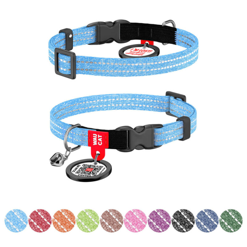 Нашийник для котів WAUCAT Re-cotton з QR паспортом, світловідбиваючий, XS, Ш 10 мм, Дов 20-30 см, блакитний