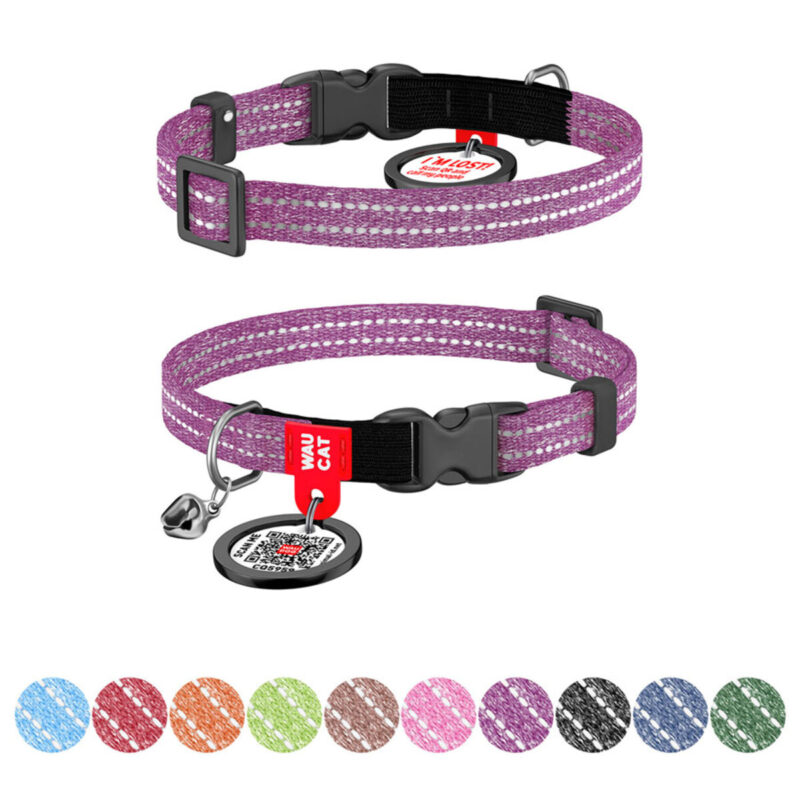 Нашийник для котів WAUCAT Re-cotton світловідбиваючий, з QR паспортом, фіолетовий, 20-30 см × 10 мм