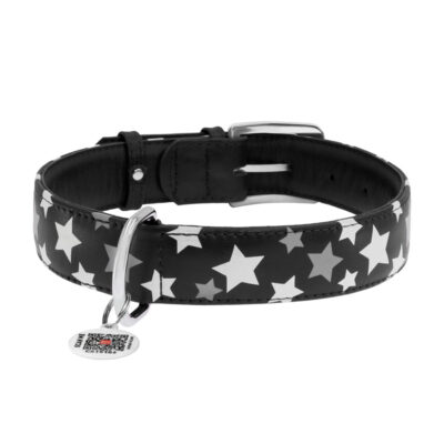 Нашийник шкіряний WAUDOG Glamour з QR паспортом, візерунок "Зірочка", XL, 35 мм, 46-60 см, чорний 3