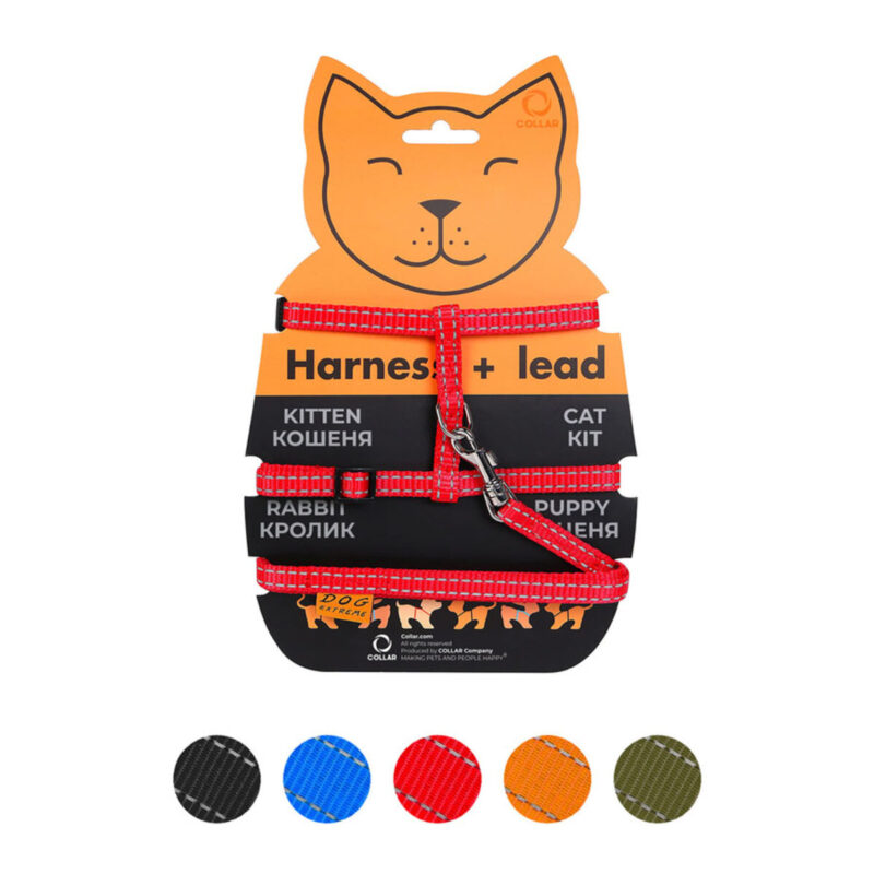 Шлея "Dog Extreme" нейлонова для котів з повідцем 10мм, A:20-30см, B:25-40см, довжина 110см, червоний
