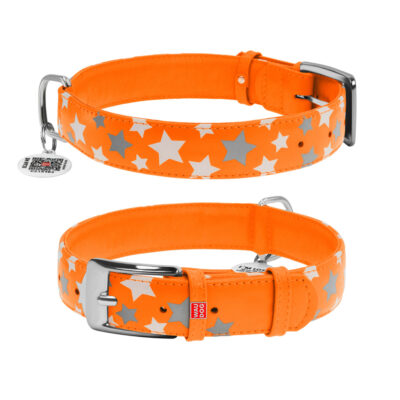 Нашийник для собак WAUDOG Glamour, шкіряний, зірочка, світловідбивний, XL, 46-60 см, Ш 35 мм, помаранчевий 2