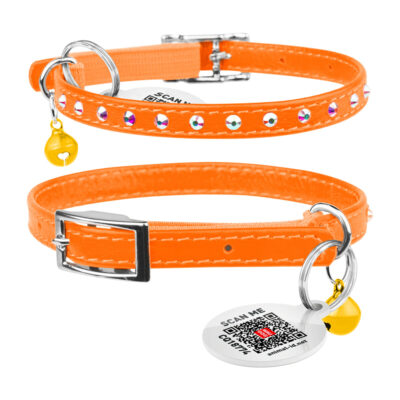 Нашийник WAUCAT Glamour з резинкою та стразами для котів, 9мм ширина, 22-30см довжина, помаранчевий 2