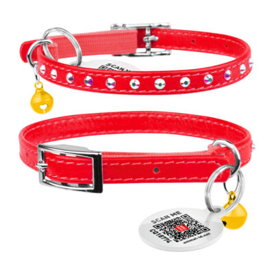 Нашийник WAUCAT Glamour для котів з резинкою та стразами, 22-30 см, ширина 9 мм, червоний 2