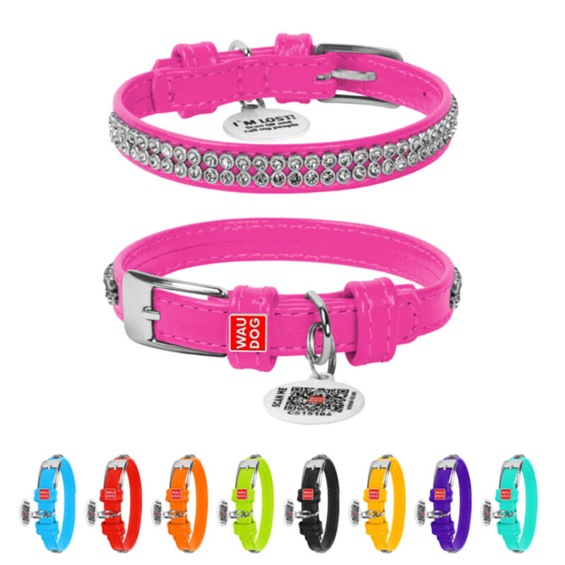 Нашийник шкіряний WAUDOG Glamour з QR паспортом, прикраса "Полотно стрази", XS, Ш 12 мм, Дов 21-29 см, рожевий
