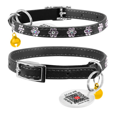 Нашийник WAUCAT Glamour з резинкою, стразами "Квітка" для котів, шкіра, 22-30 см 2