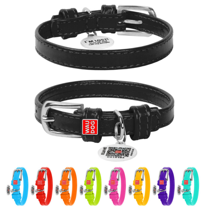Нашийник WAUDOG Glamour шкіряний чорний, XS 21-29 см, ширина 12 мм з QR паспортом