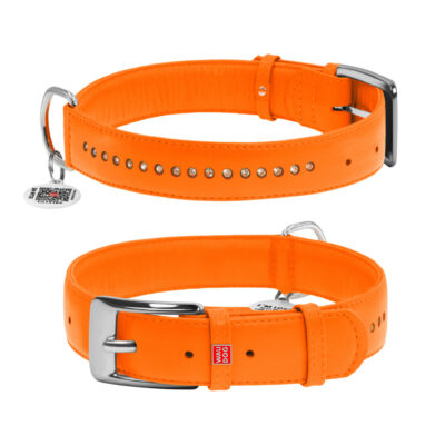Нашийник для собак WAUDOG Glamour шкіряний, подвійний зі стразами, XL, 35 мм, 46-60 см, помаранчевий 2