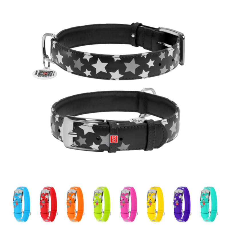 Нашийник шкіряний WAUDOG Glamour з QR паспортом, візерунок "Зірочка", XL, 35 мм, 46-60 см, чорний