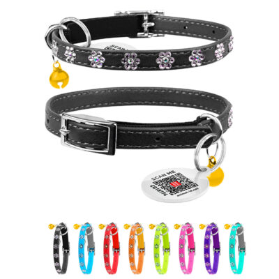 Нашийник WAUCAT Glamour з резинкою, стразами "Квітка" для котів, шкіра, 22-30 см