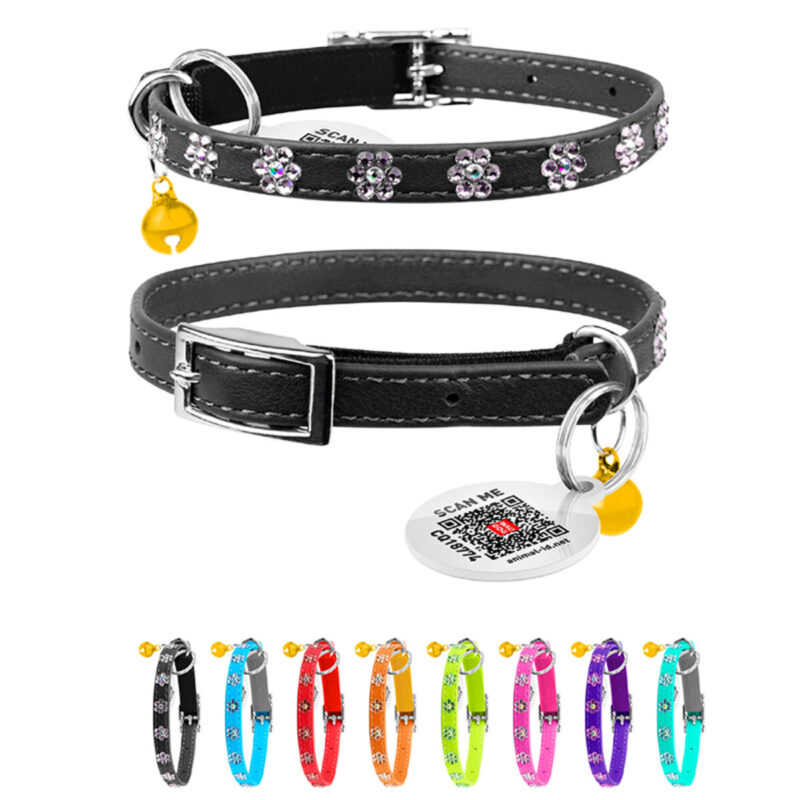 Нашийник WAUCAT Glamour з резинкою, стразами "Квітка" для котів, шкіра, 22-30 см