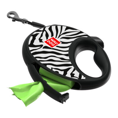 Повідець-рулетка WAUDOG R-leash для собак, L, до 40 кг, 5 м, з контейнером для пакетів, світловідбиваюча стрічка, малюнок "Зебра" 6
