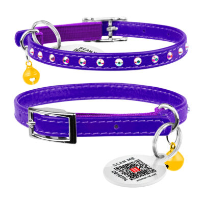 Нашийник WAUCAT Glamour для котів з резинкою і стразами, 22-30см, шкіра, фіолетовий 2