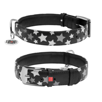 Нашийник шкіряний WAUDOG Glamour з QR паспортом, візерунок "Зірочка", XL, 35 мм, 46-60 см, чорний 2