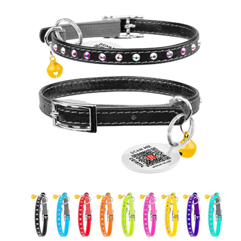 Нашийник WAUCAT Glamour чорний з резинкою та стразами для котів, 22-30 см, ширина 9 мм