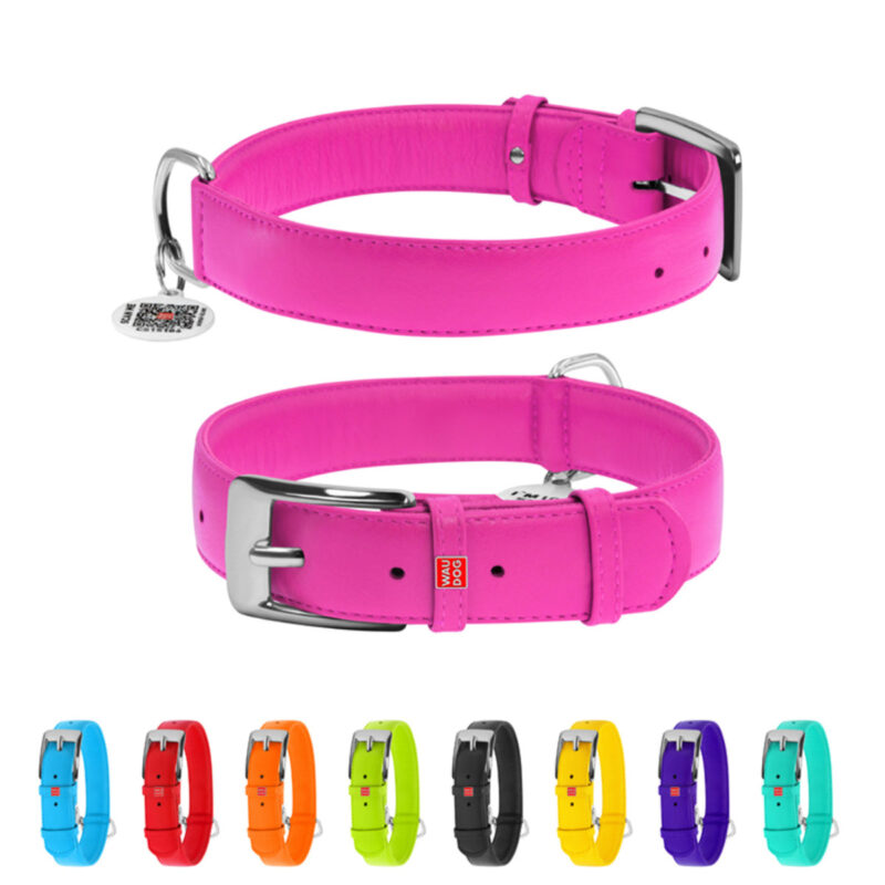 Нашийник для собак WAUDOG Glamour, шкіряний, плоский, рожевий, XL, 46-60 см, ширина 35 мм