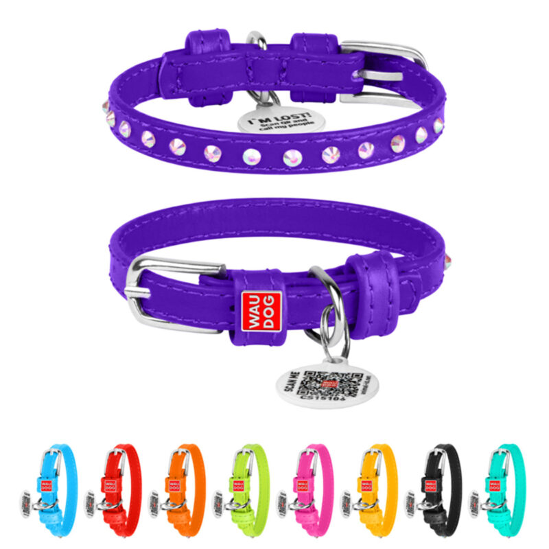 Нашийник для собак WAUDOG Glamour з QR паспортом, стрази, шкіра, 19-25 см, Ш 9 мм, фіолетовий