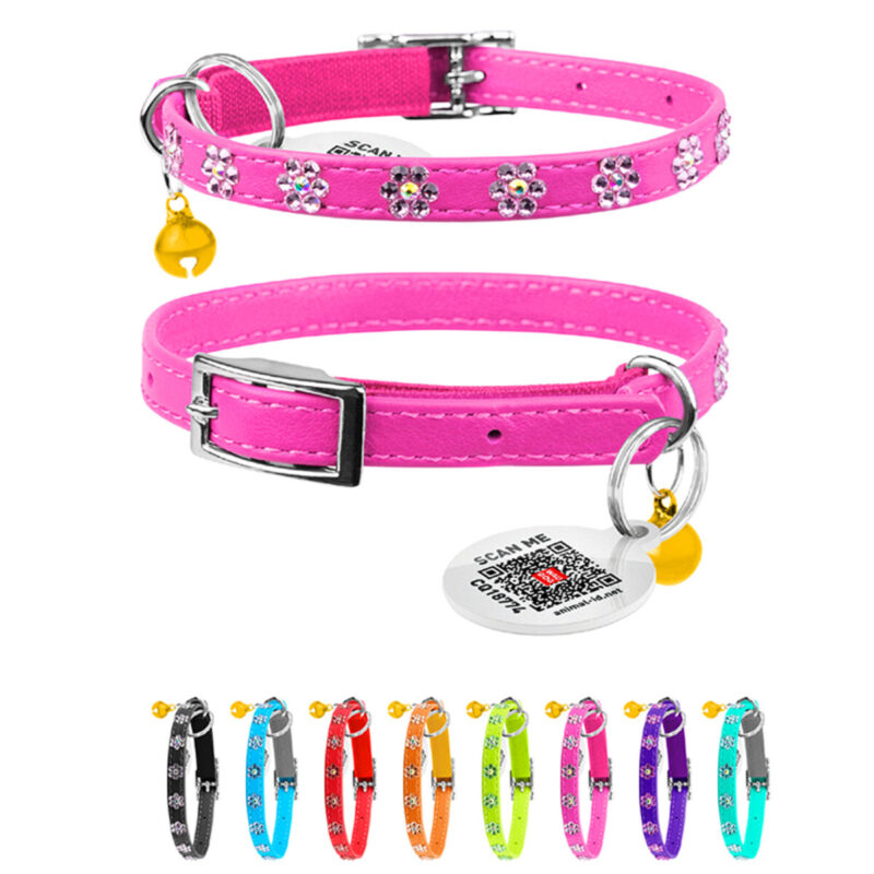 Нашийник WAUCAT Glamour з резинкою та стразами "Квітка" для котів, 22-30 см, шкіра, 9 мм