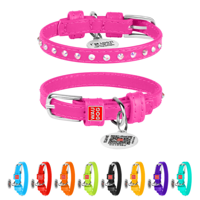 Нашийник для собак WAUDOG Glamour шкіряний, з QR паспортом, 19-25 см, Ш 9 мм, рожевий