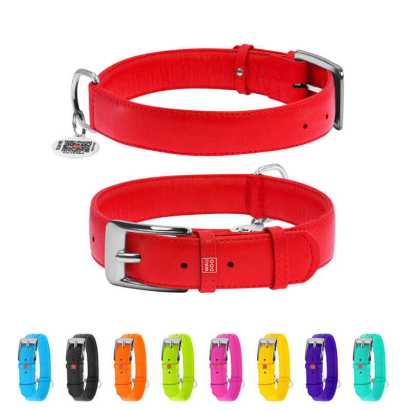 Нашийник шкіряний WAUDOG Glamour XL червоний, 35 мм, 46-60 см, з QR паспортом