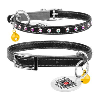 Нашийник WAUCAT Glamour чорний з резинкою та стразами для котів, 22-30 см, ширина 9 мм 2