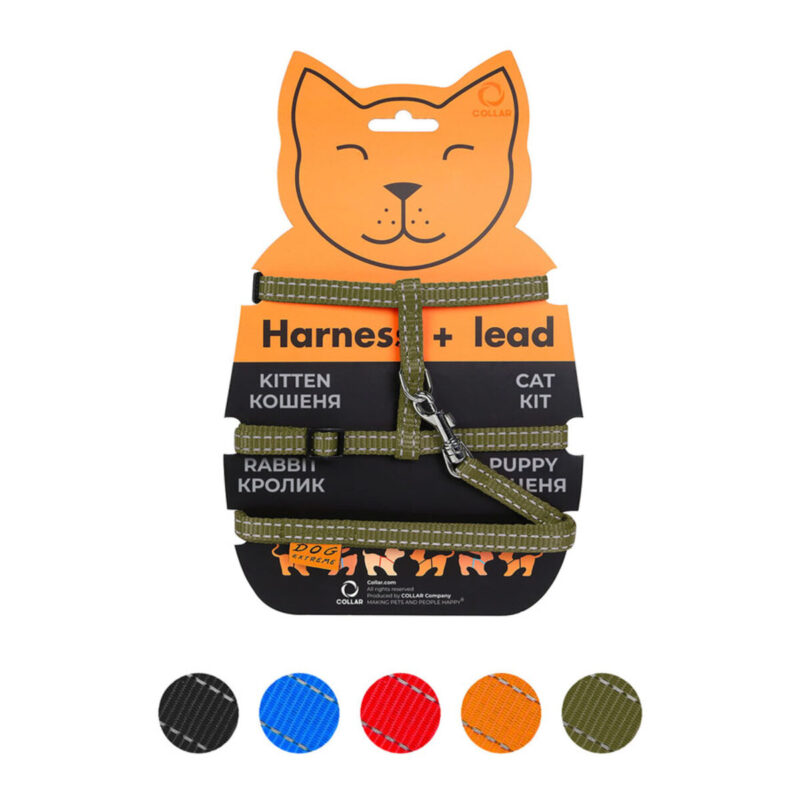 Шлея Dog Extreme з нейлону для котів з повідцем 10мм, 20-30см, 25-40см, довжина 110см, хакі