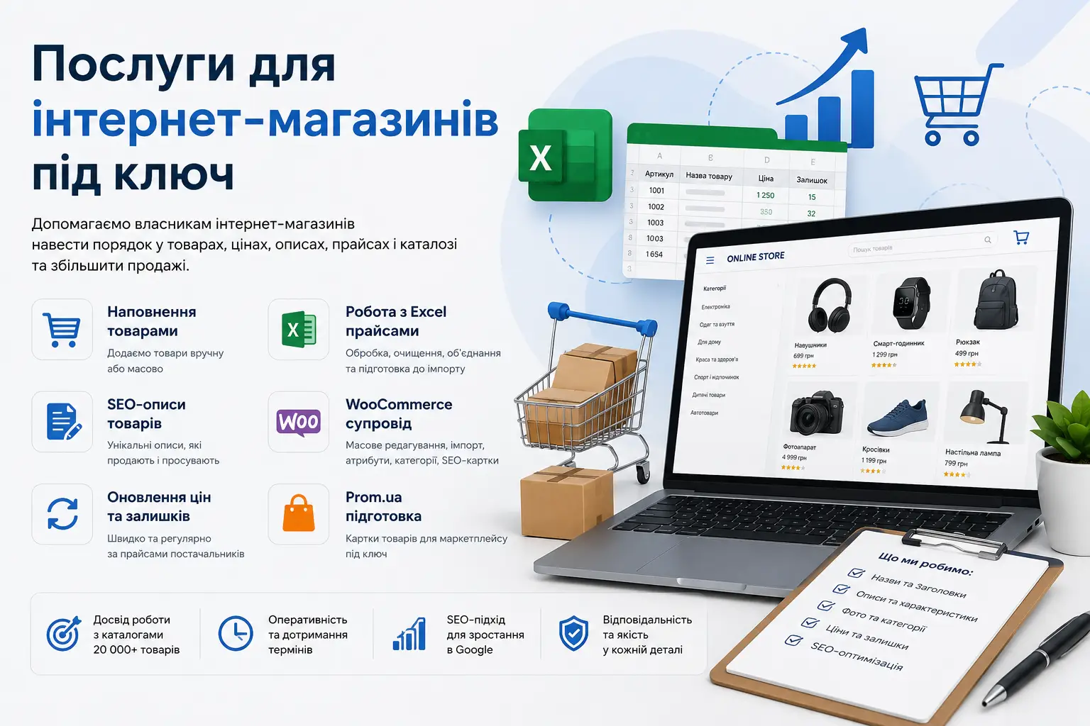 Послуги для інтернет-магазинів: наповнення товарів, SEO-описи, WooCommerce та обробка Excel-прайсів