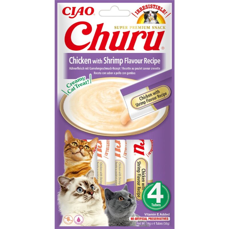 Ласощі INABA "Churu" для котів, курка/креветка, 4x14 г
