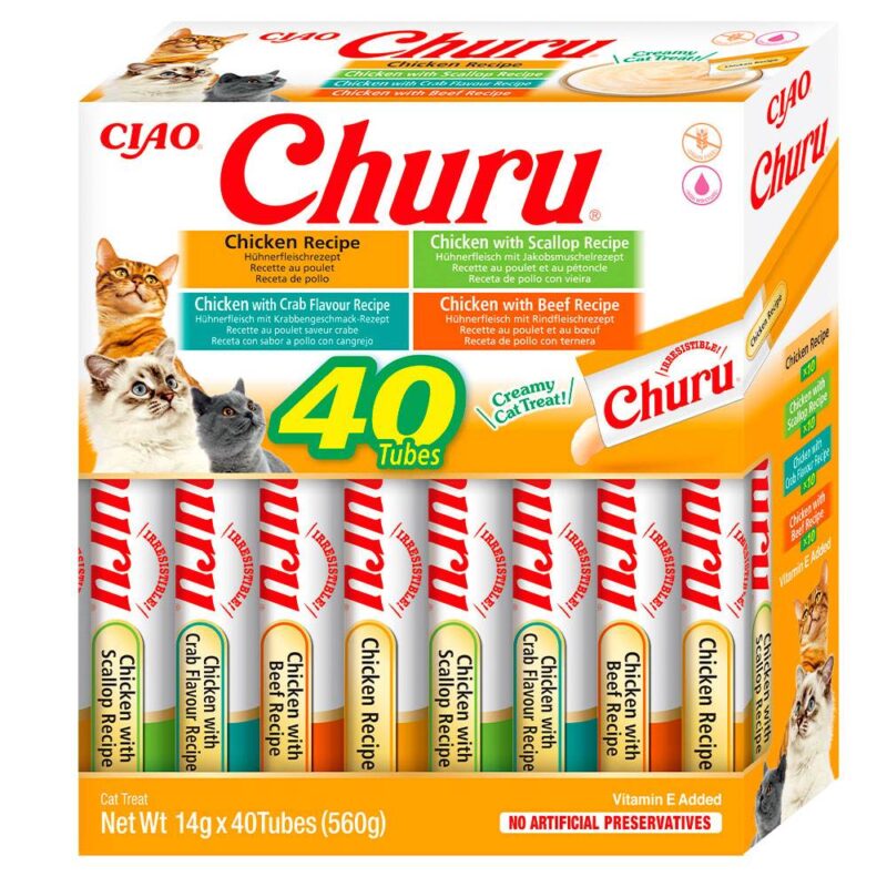 Ласощі INABA Churu для котів, вершковий мус у стіках, Різновиди курки 14 г*40
