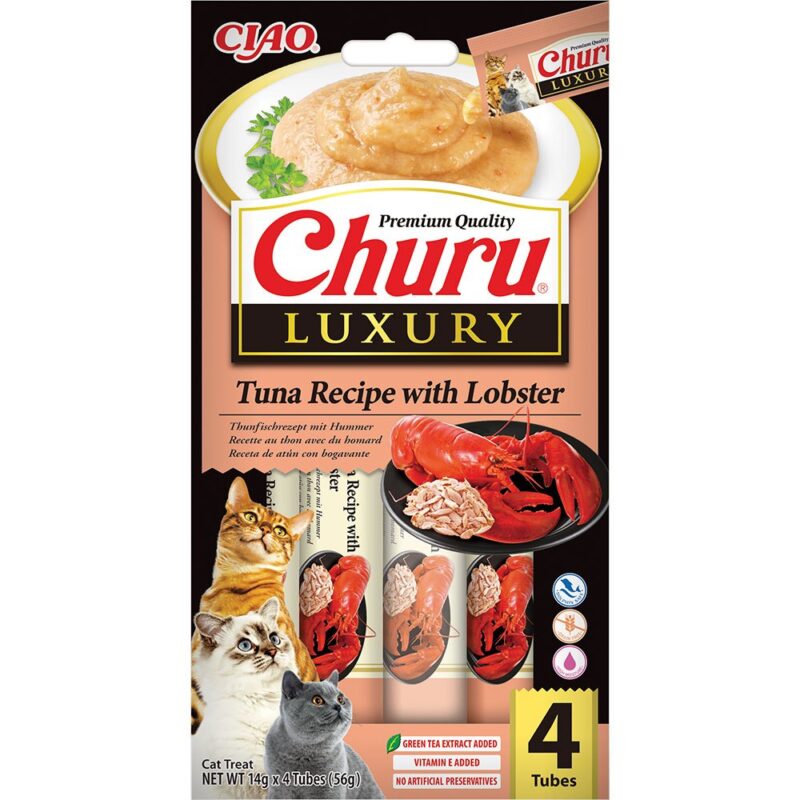 Ласощі INABA Churu LUXURY для котів, вершковий мус у стіках, тунець/омар, 4×14 г