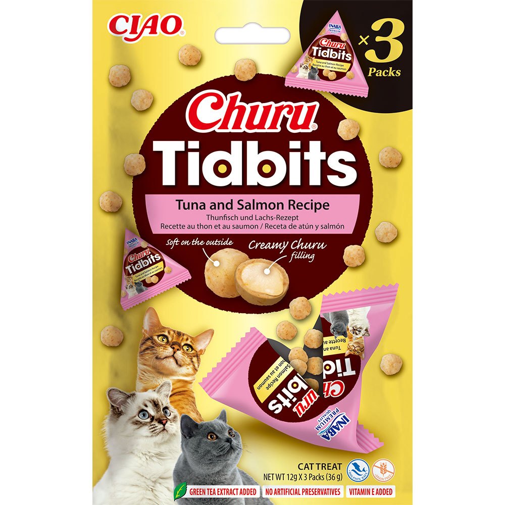 Ласощі INABA Churu Tidbits для котів, запечені кульки, тунець і лосось, 3×12 г Ласощі INABA Churu Tidbits для котів, запечені кульки, тунець і лосось, 3×12 г