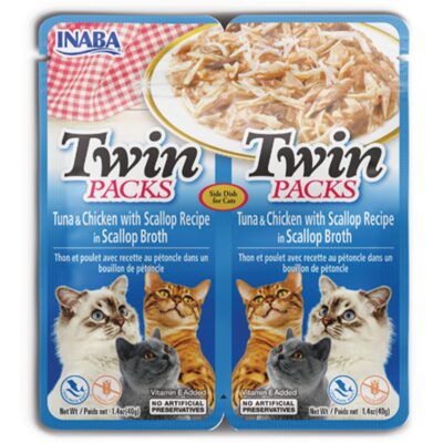 Пауч INABA TWIN Packs для котів з тунцем і куркою в бульйоні з гребінців, 2×40 г